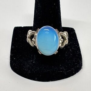 Sterling Silver Opalite Ring Oval Cabochon Blue Glass 925 Size 8.5